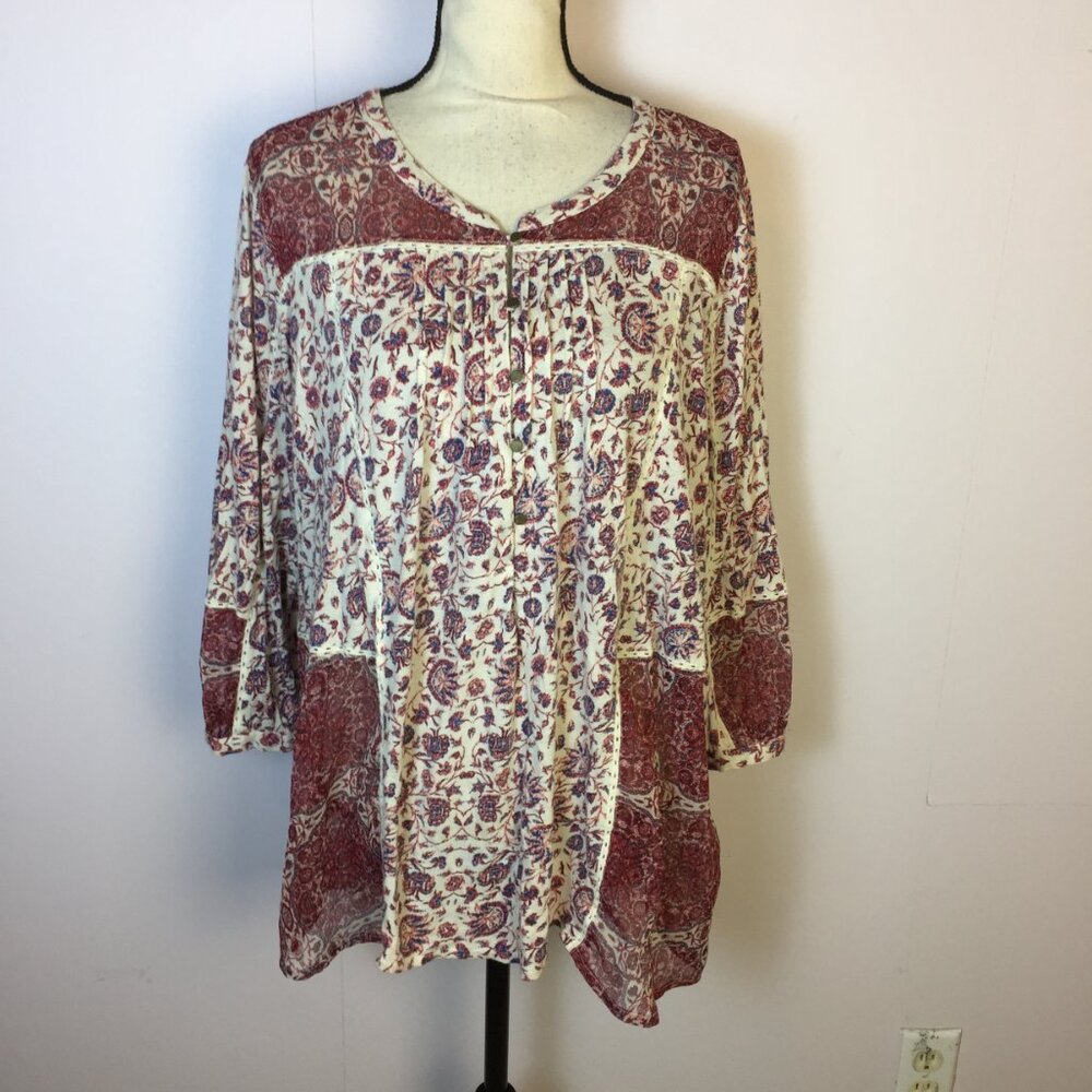 Lucky Brand Blouse Tunic Top 2X Womans Plus Red White Floral Boho Mixed Media